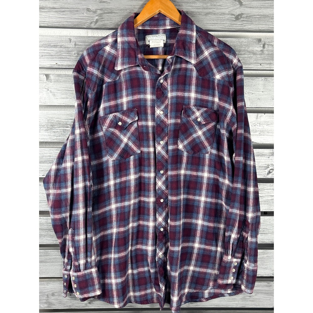 Wrangler Wrancher Mens XL Tall Plaid Flannel Western Pearl Snap Shirt Blue y2k